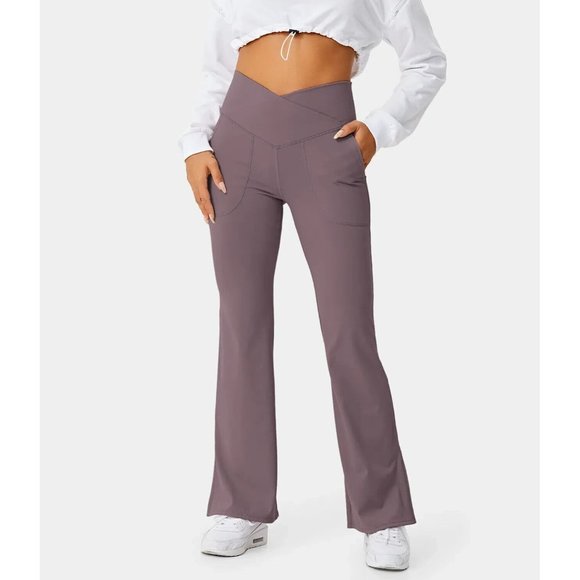 HALARA Pants - HALARA Woman's Crossover Pocket Split Hem Full Length Flare Leggings Mauve SZ M